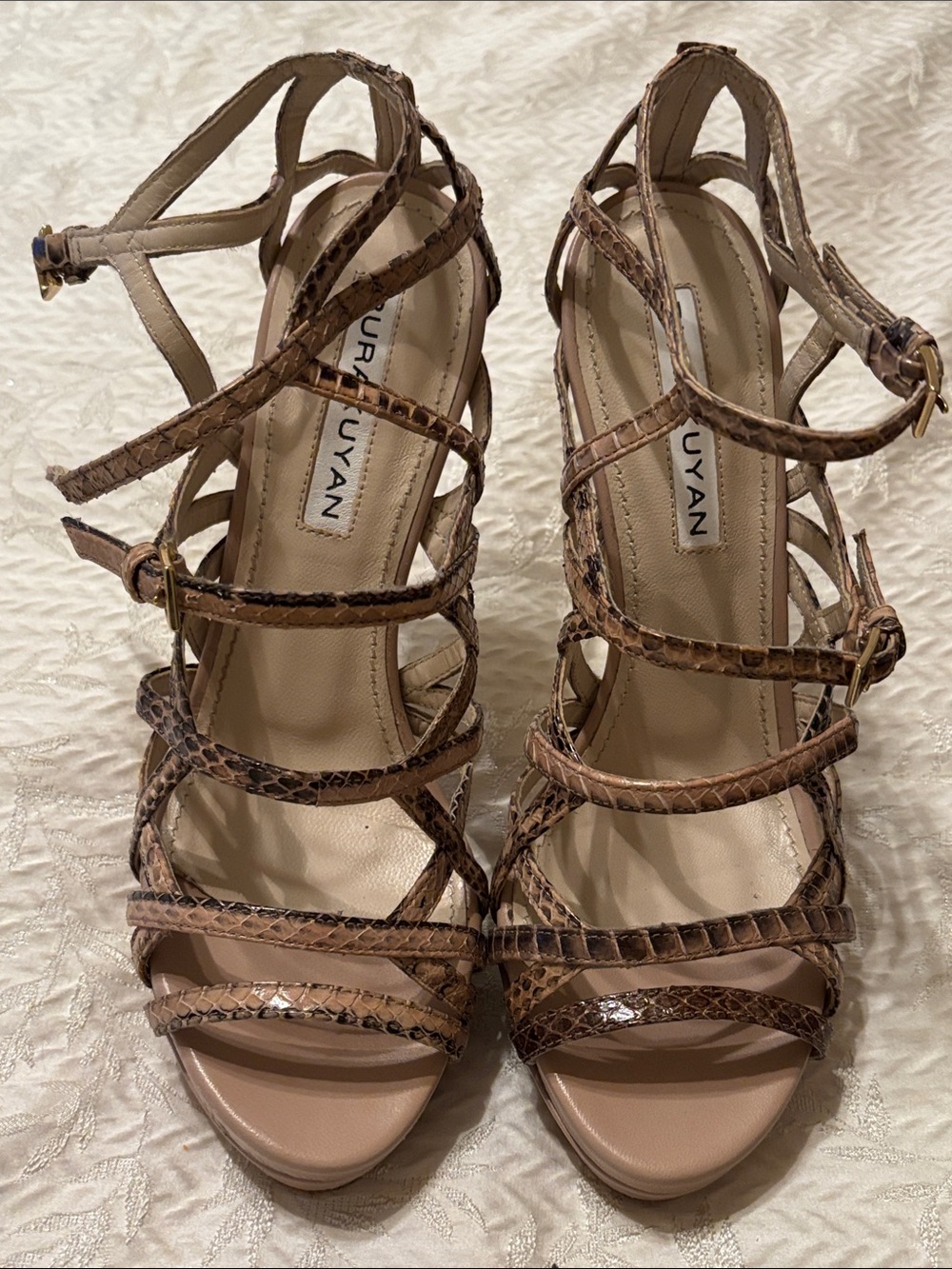 Furuiuyan Brown Snake-Print Strappy High Heels